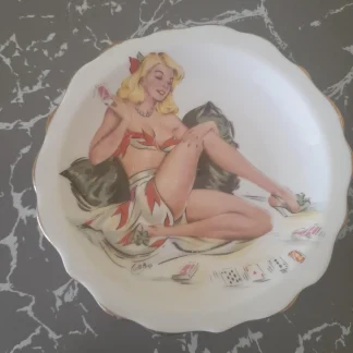 1950's Bone China Glamour Girls Pin Dish. Vintage Pin Up With Playing Cards